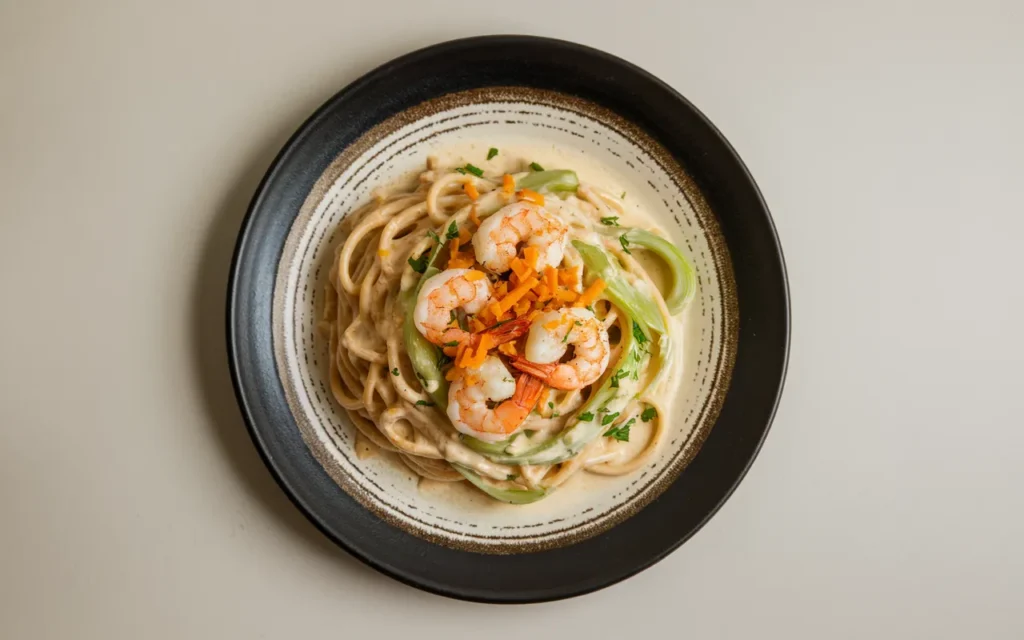 Krewetki na spaghetti w kremowym sosie śmietanowym z porem
