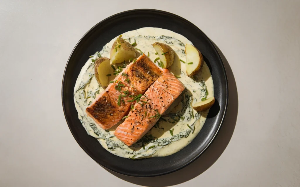 Łosoś z chrupiącymi ziemniaczkami i szpinakiem