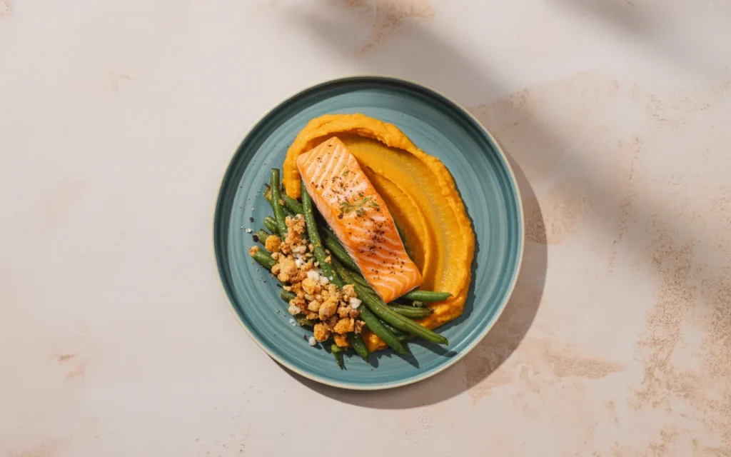 Łosoś z marchwiowym puree i pasterską kruszonką