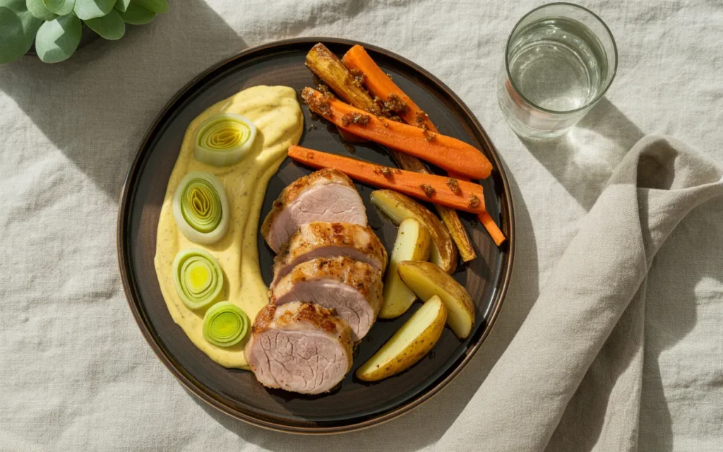 Polędwica wieprzowa z warzywami w miodowej musztardzie