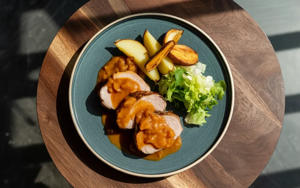 Polędwiczki wieprzowe w sosie morelowym z pieczonymi warzywami