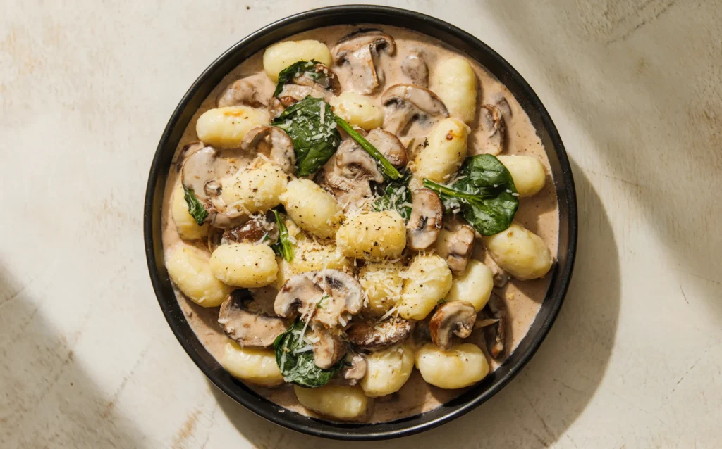 Zapiekanka z gnocchi, szpinakiem i pieczarkami