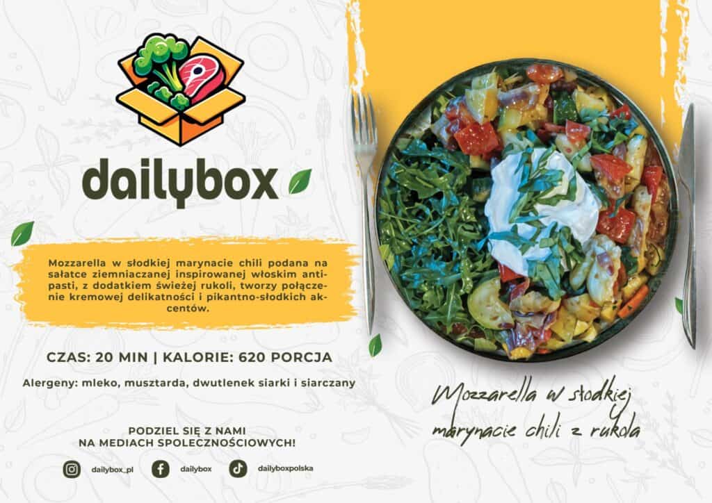 Mozzarella w słodkiej marynacie chili z rukolą i cukinią