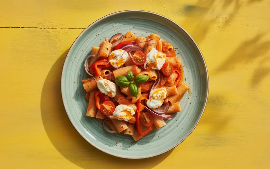 Pieczona papryka z makaronem arrighii serem kozim