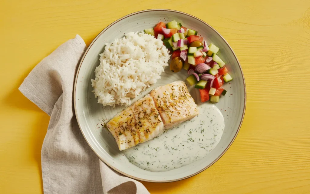 Ryba z cytrynowym pieprzem z ryżem, sałatką i kremowym sosem koperkowym