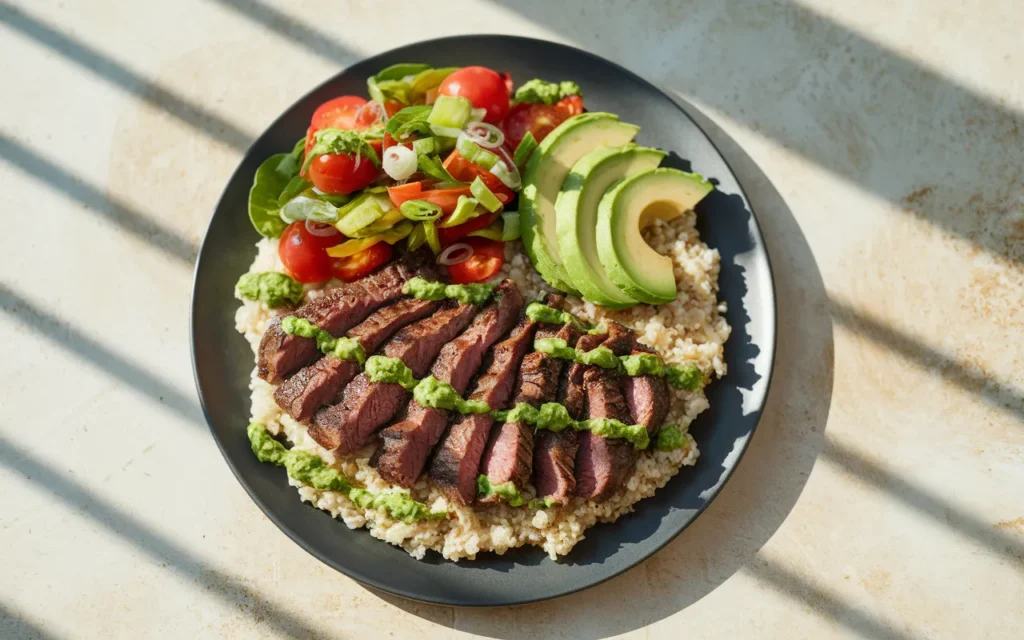 Stek z wołowy z kaszą bulgur i jogurtem chimichurri