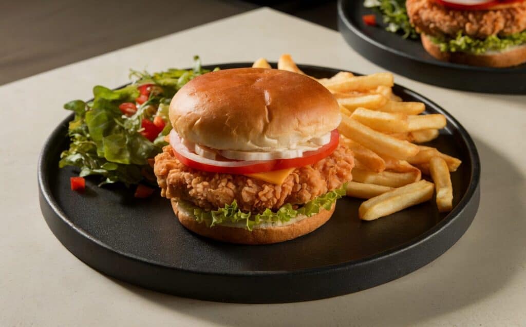 Chrupiący burger z kurczakiem i frytkami z majonezem czosnkowym