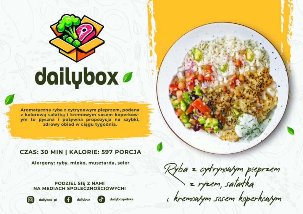 Ryba z cytrynowym pieprzem z ryżem, sałatką i kremowym sosem koperkowym