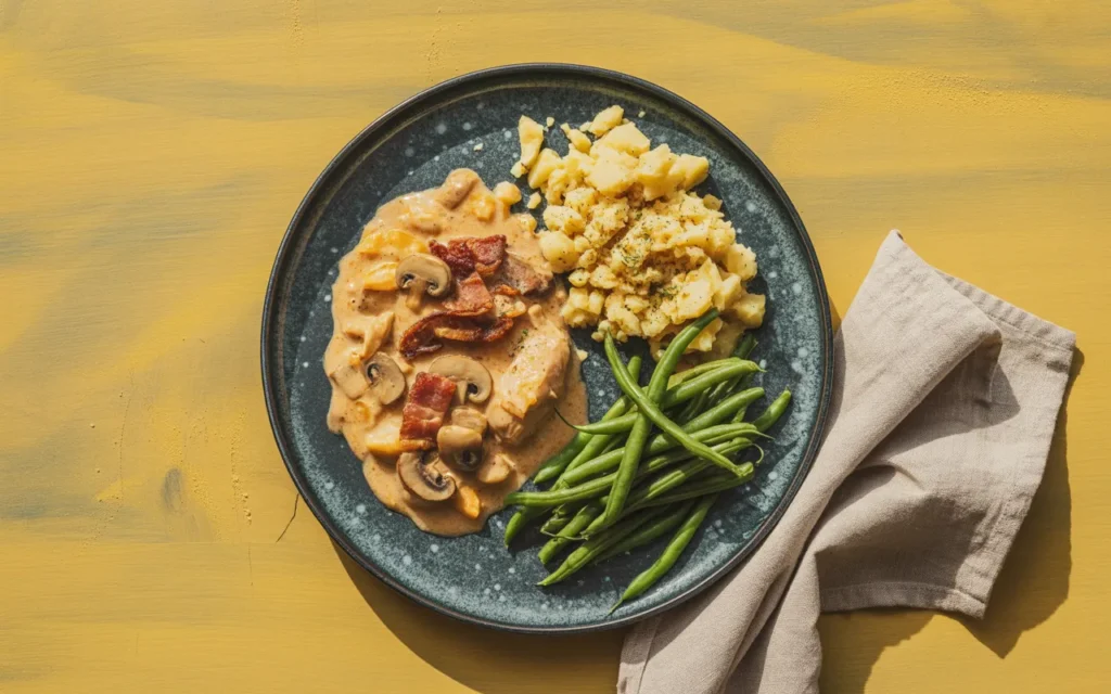 Kremowy Gulasz z Kurczakiem, Boczkiem i Pieczarkami