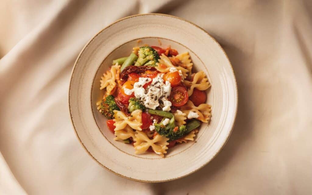 Zapiekanka makaronowa z greckim serem, pomidorami i brokułami