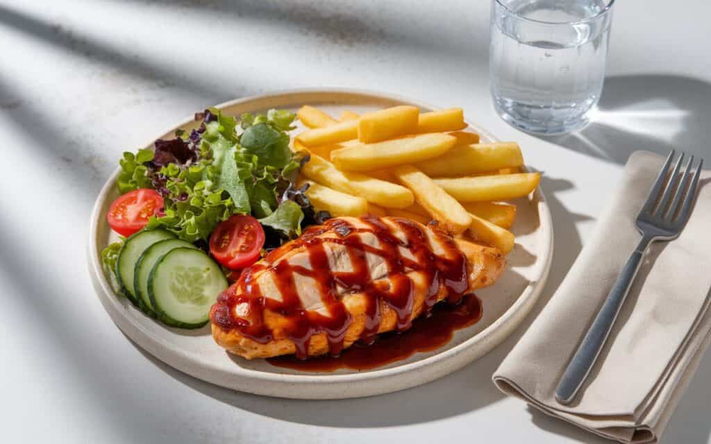 Serowa pierś z kurczaka BBQ z frytkami i sałatką