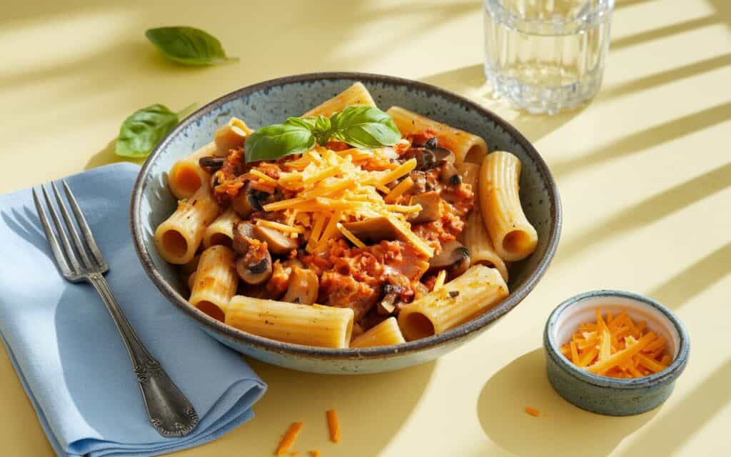 Kremowe tortiglioni z wieprzowiną i pieczarkami z nutą bazylii