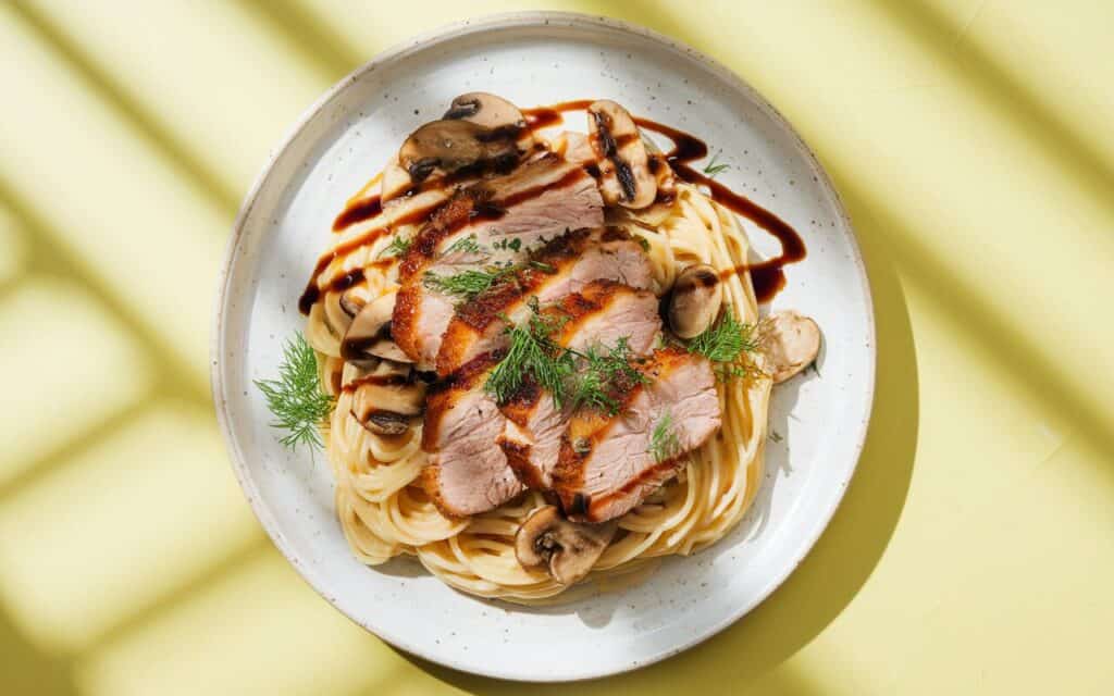 Kremowe spaghetti z wieprzowiną , pieczarkami i koperkiem