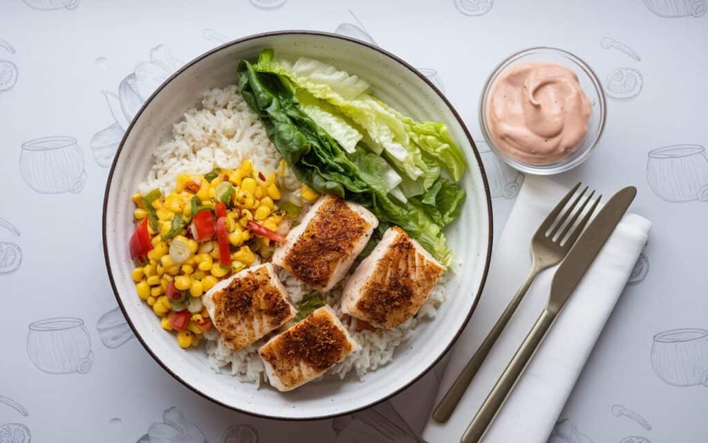 Miseczka ryżowa z dorszem i salsą kukurydzianą