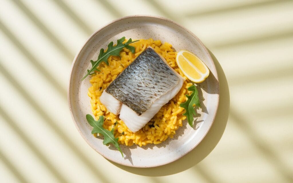 Smażony morszczuk z szafranowym risotto i rukolą