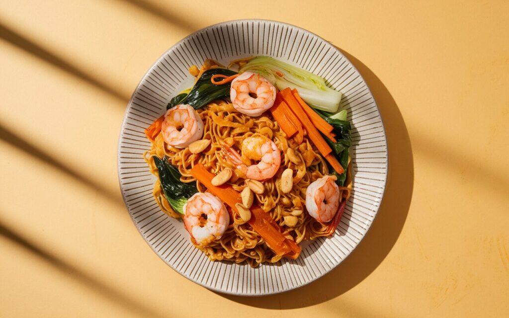 Smażony makaron z krewetkami i orzechowym sosem ban bang
