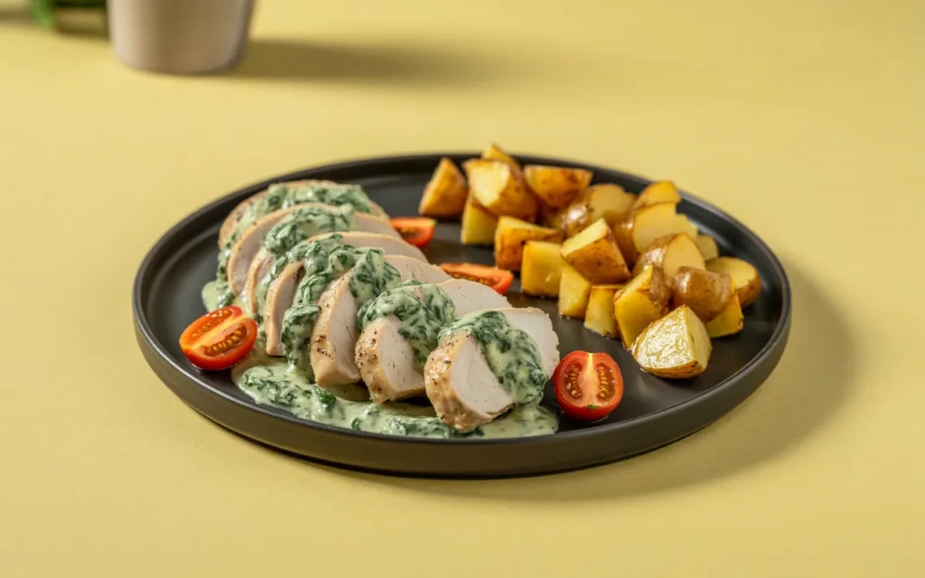 Kremowy Kurczak ze Szpinakiem i Pomidorkami z Chrupiącymi Ziemniakami