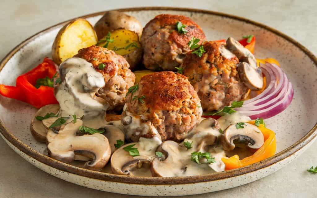Kremowe Klopsiki Wieprzowe z Pieczonymi Warzywami i Sosem Pieczarkowym