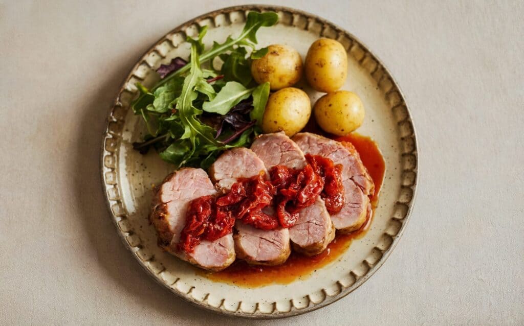 Kotlet wieprzowy w sosie z suszonych pomidorów z maślanymi ziemniakami