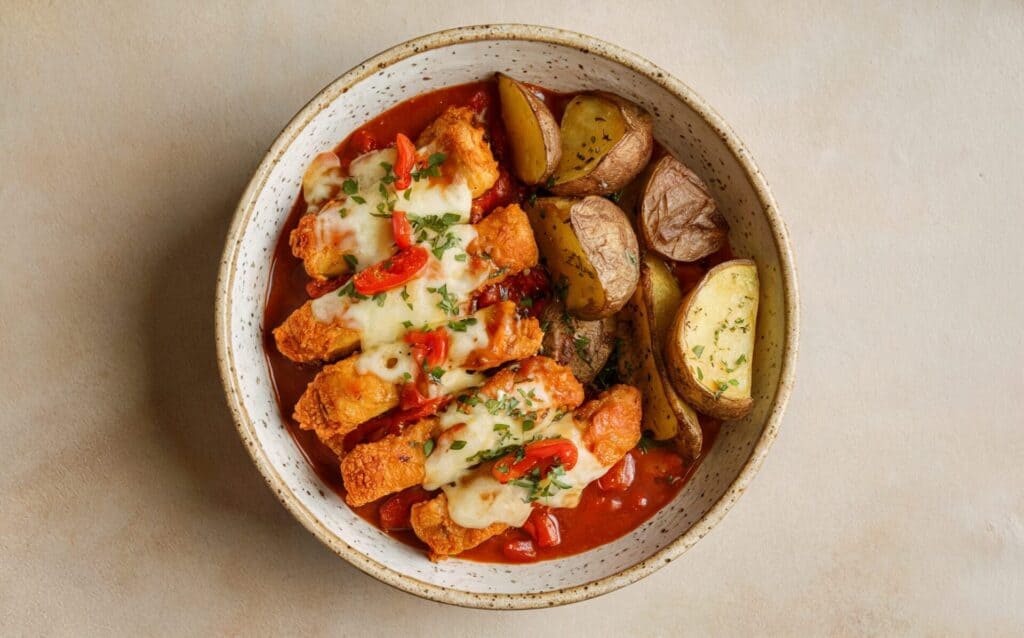 Chrupiący kurczak z pikantnym sosem i frytkami