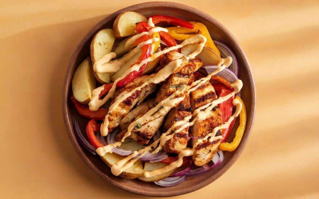 Fajitas z kurczakiem, frytkami i serem