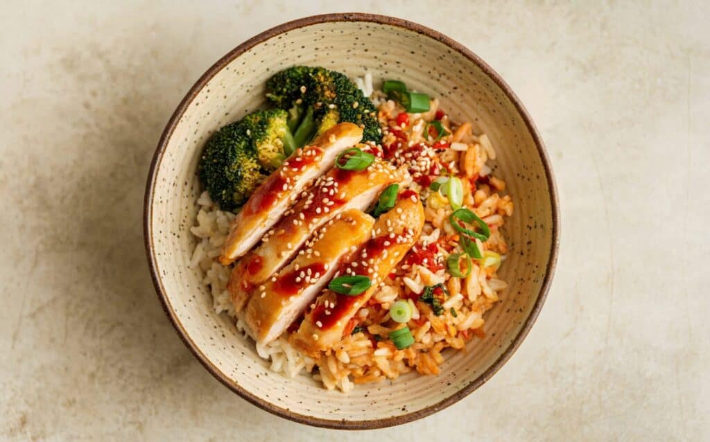 Chrupiący kurczak cytrynowy z ostrym ryżem i brokułami
