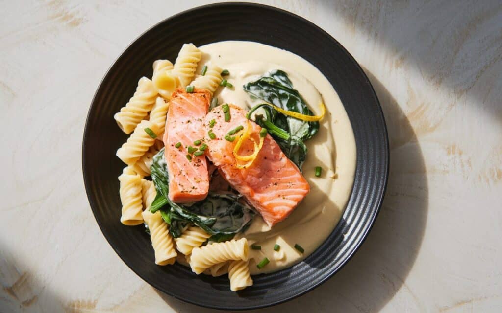 Kremowe tortiglioni z łososiem i szpinakiem