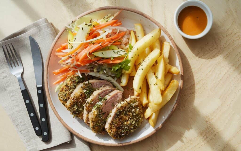 Ziołowe Steki Wieprzowe z Surówką z Gruszką i Domowymi Frytkami
