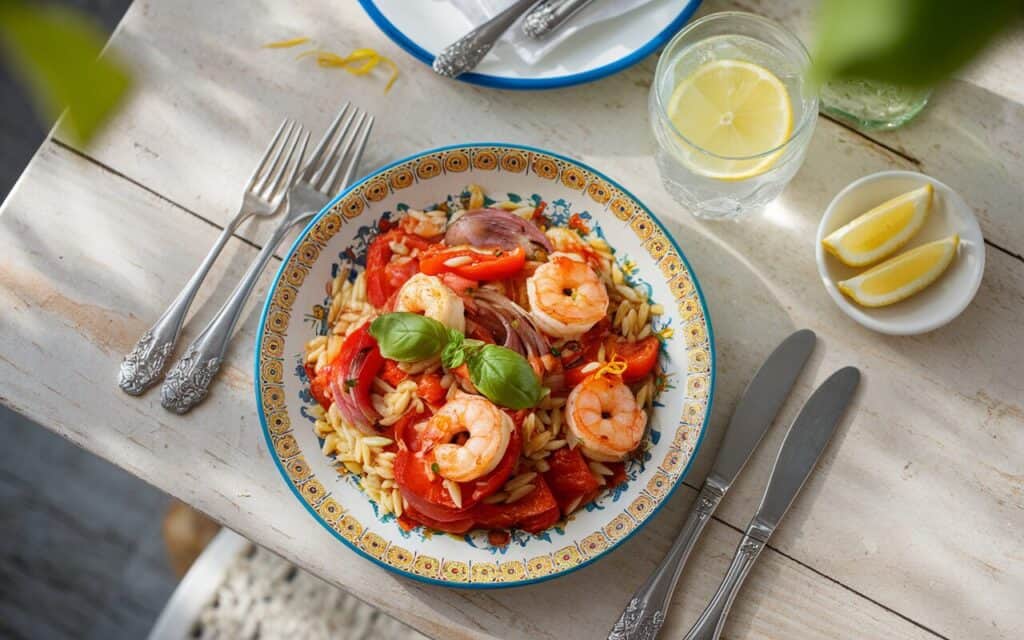 Orzo z pieczoną papryką i krewetkami