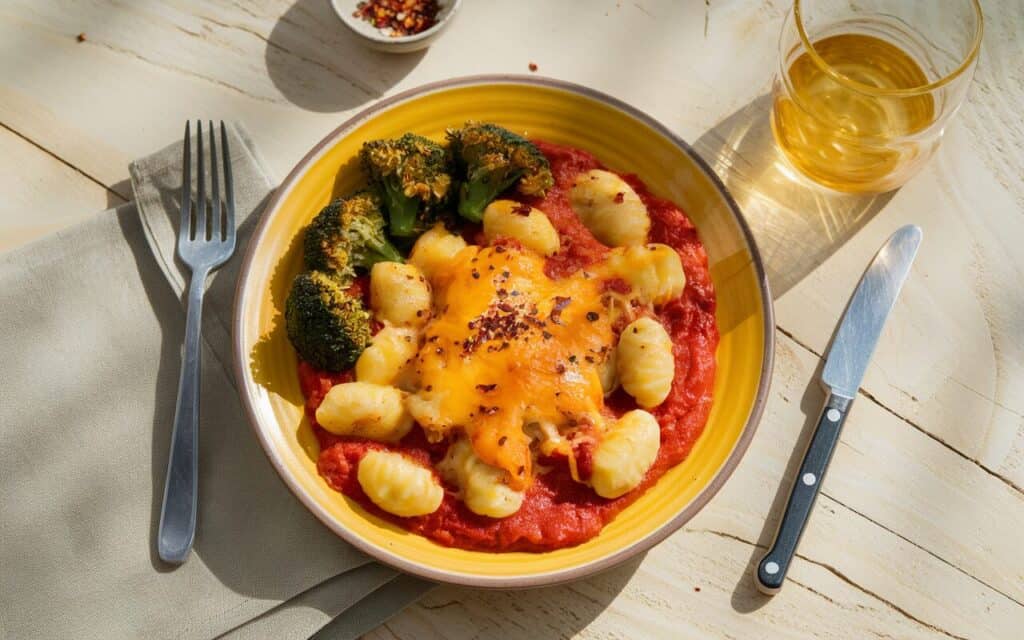 Kremowe Zapiekane Gnocchi w Sosie Pomidorowym z Brokułem i Chili