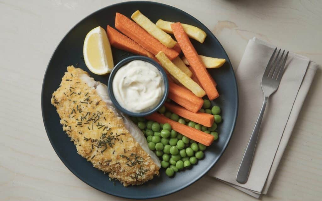 Pieczony minataj z frytkami, marchewką i groszkiem