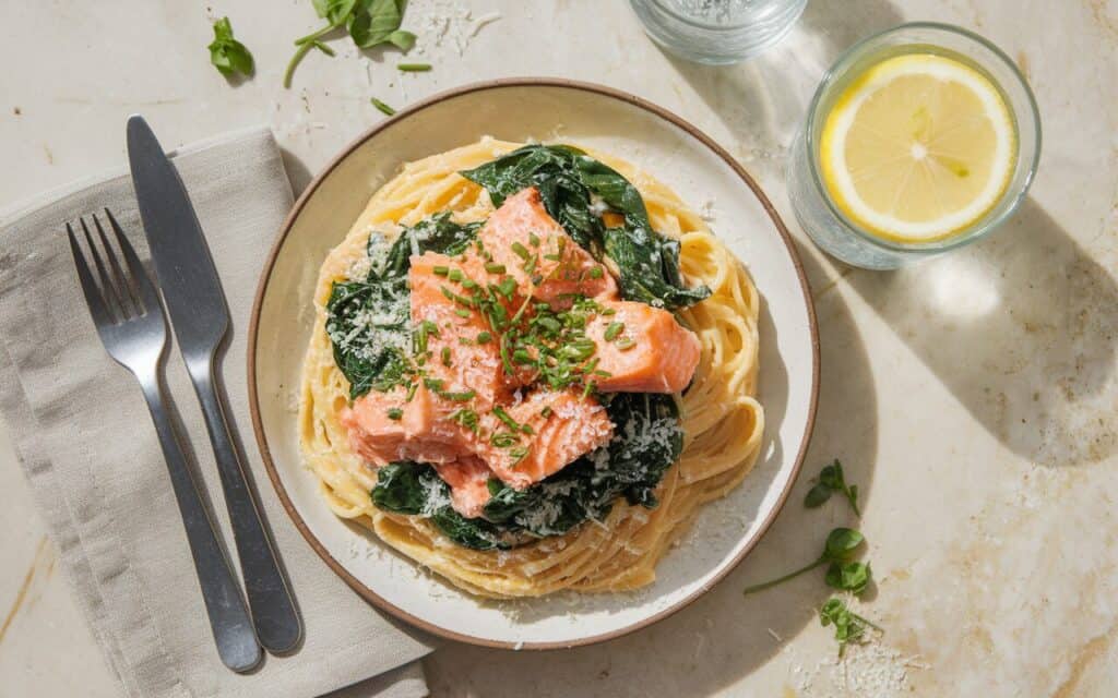 Spaghetti z łososiem, cytryną i ziołami