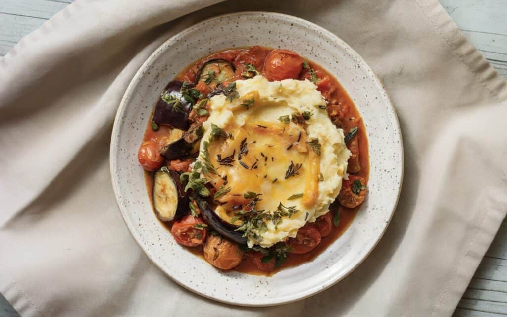 Śródziemnomorski gulasz warzywny z serowym puree ziemniaczanym