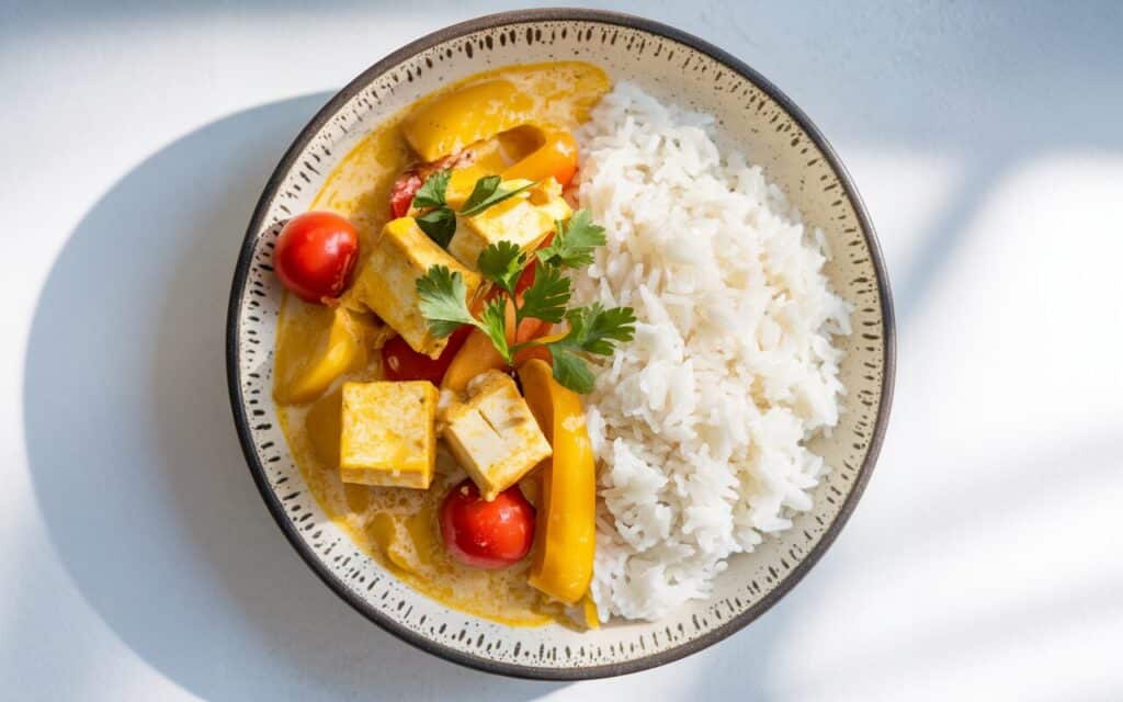 Chrupiące tofu z tajskim curry i ryżem