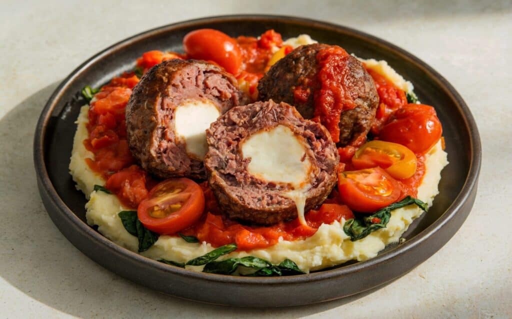 Klopsiki wołowo-wieprzowe z mozzarellą i puree szpinakowym w sosie pomidorowym