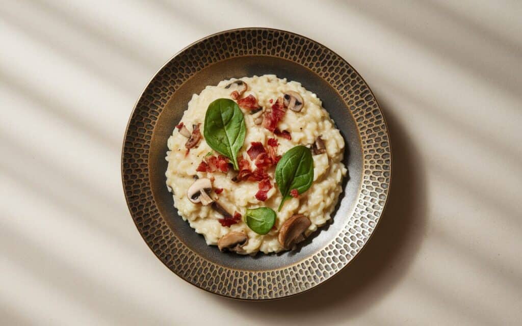 Risotto z Grzybami, Szpinakiem i Chrupiącym Boczkiem