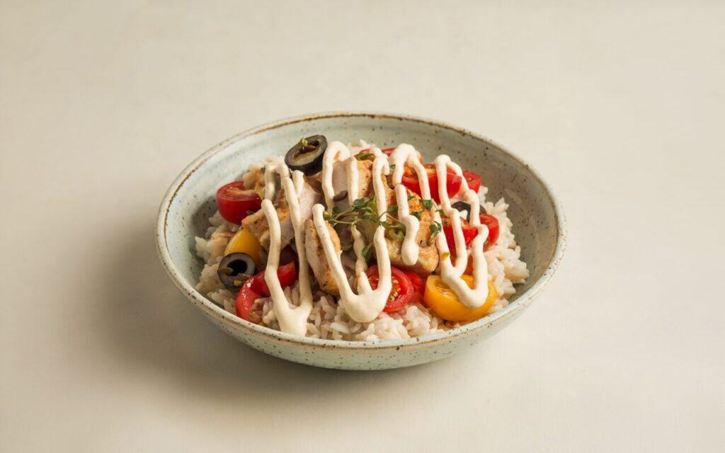 Hiszpański gulasz z kurczaka i papryki z ryżem oraz sosem aioli