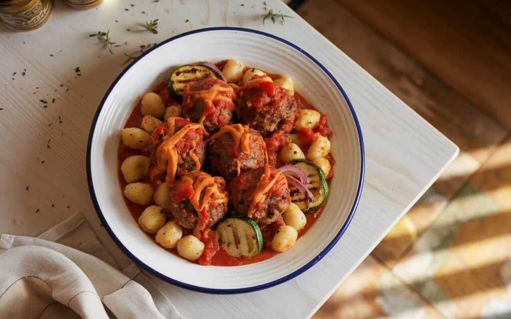 Serowe Klopsiki Wieprzowo-Wołowe Zapiekane z Gnocchi