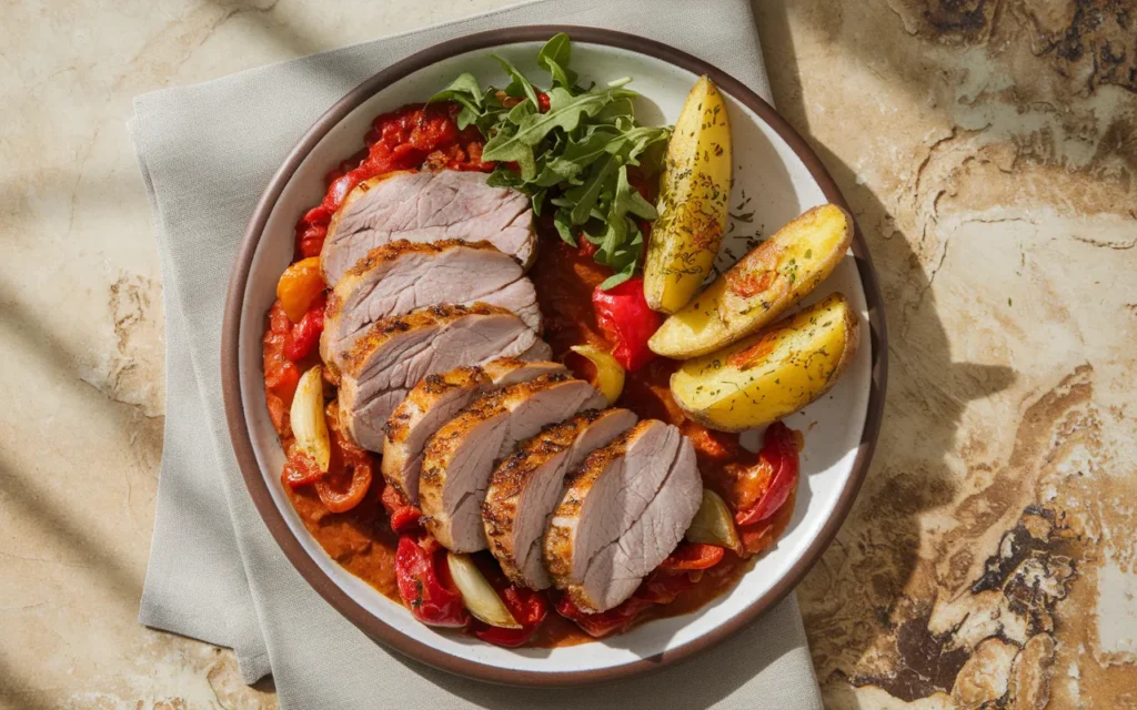 Pieczony Schab w Hiszpańskim Sosie z Ziemniakami i Rukolą