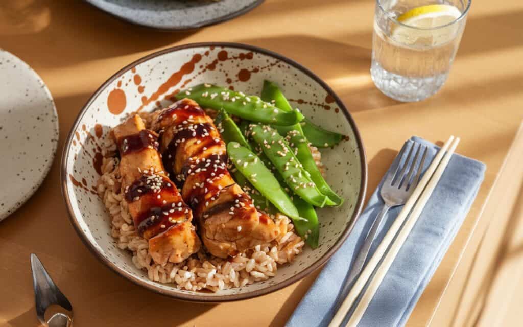 Kurczak Teriyaki z Sezamową Zielenią i Ryżem