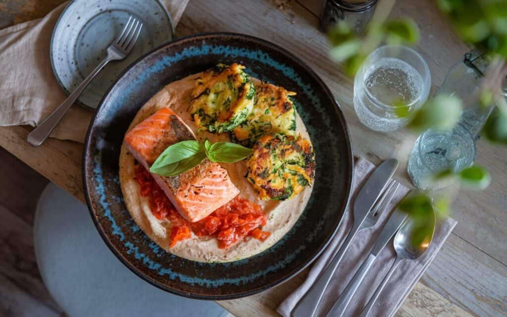 Kremowy Łosoś z Suszonymi Pomidorami i Brokułowymi Kotlecikami