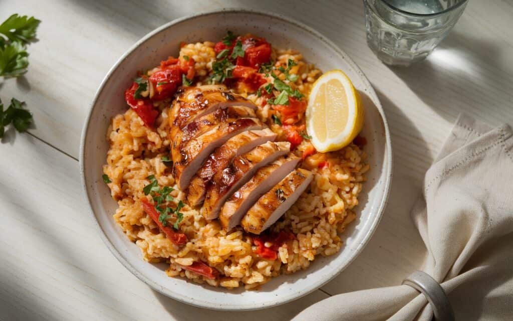 Kurczak w Glazurze Miodowej z Pieczonym Ryżem w Pomidorowo-Paprykowym Sosie