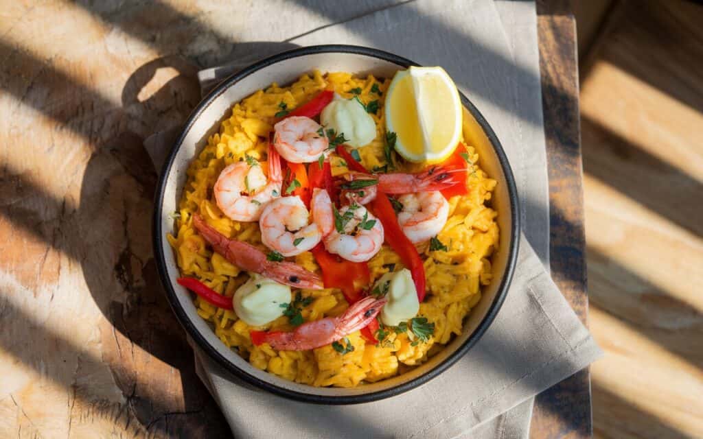 Paella z Krewetkami Królewskimi i Cytrynowym Aioli
