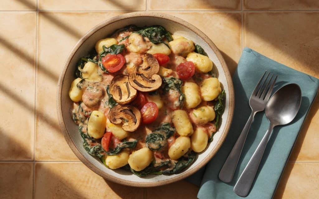 Kremowe Gnocchi w Wędzonym Sosie z Pomidorami i Chrupiącymi Pieczarkami
