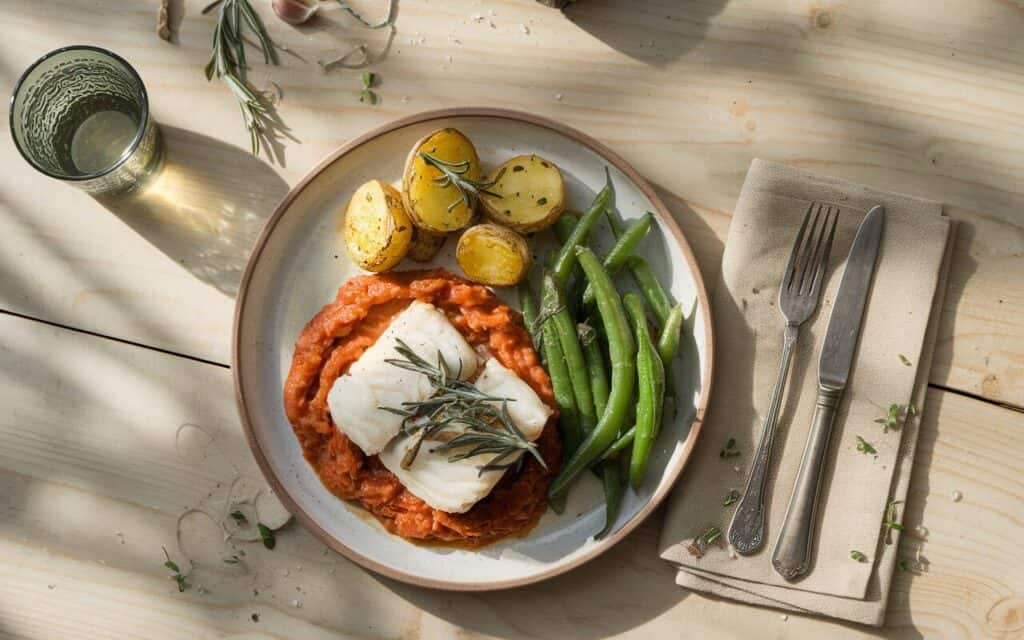 Mintaj w Kremowym Sosie z Suszonych Pomidorów z Pieczonymi Ziemniakami i Fasolką