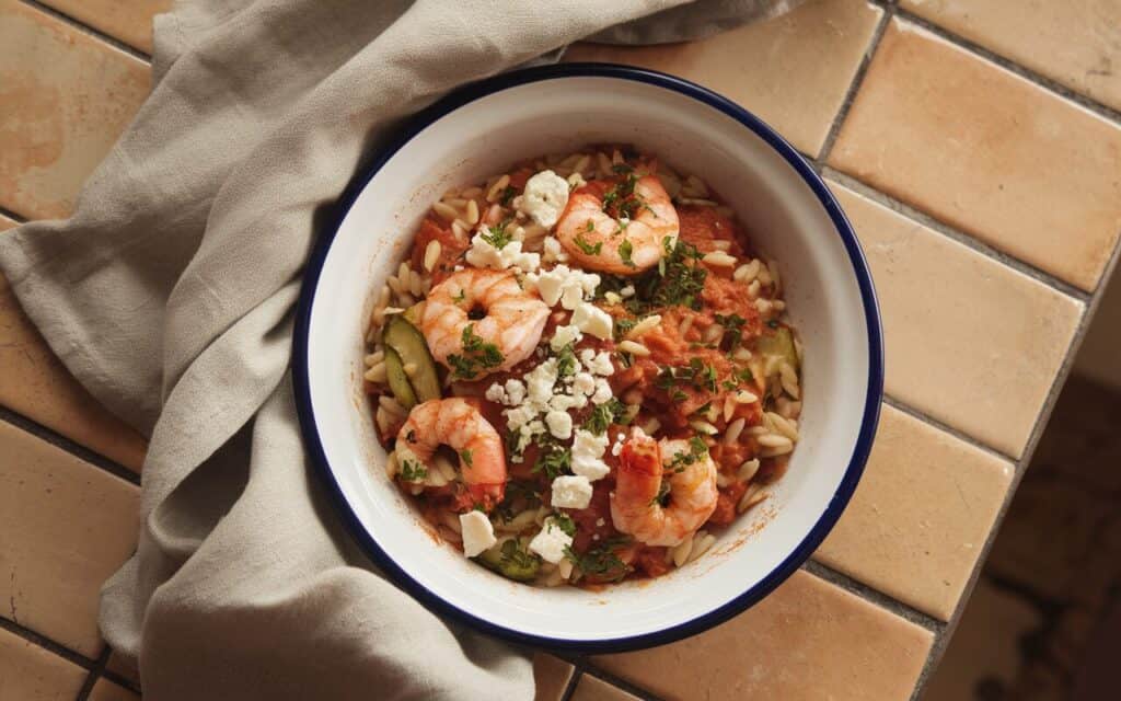 Orzo z Krewetkami, Pomidorami i Cukinią z Fetą