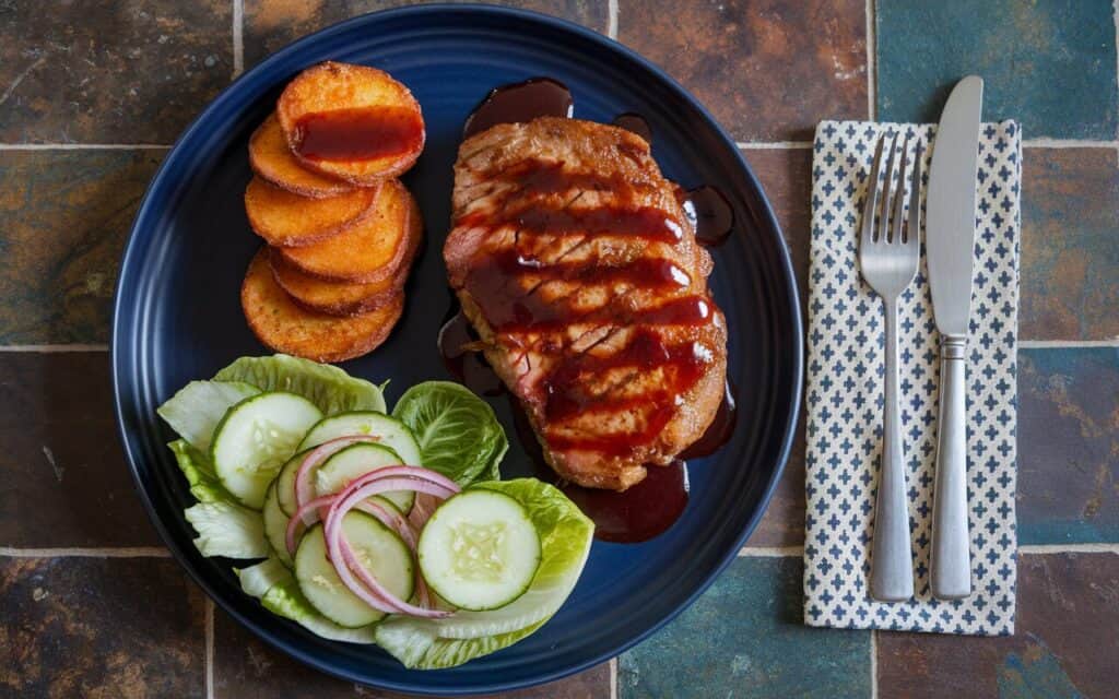 Stek z Polędwiczki Wieprzowej z Sosem BBQ i Marynowaną Sałatką