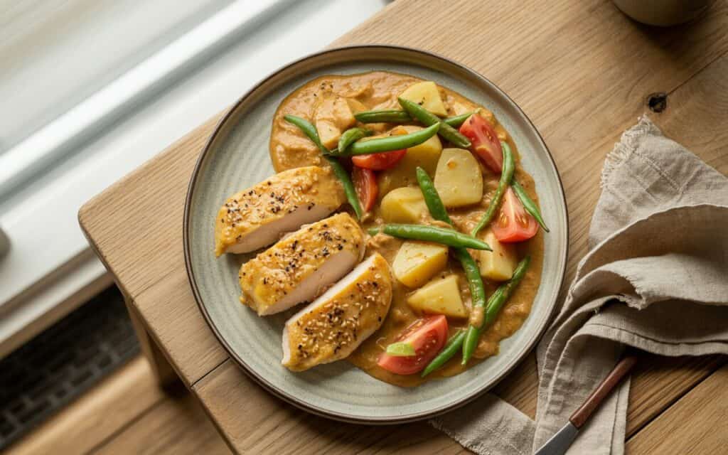 Kurczak Sezamowo-Miodowy z Curry Ziemniaczano-Fasolkowym