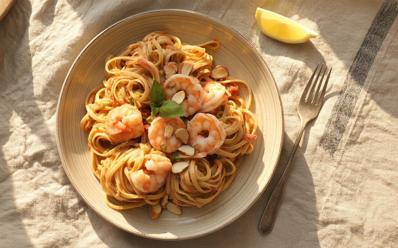 Linguine z pesto alla trapanese i krewetkami królewskimi