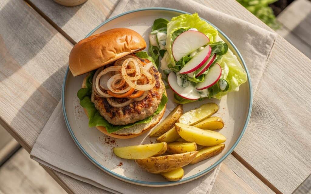 Burger Wieprzowy z Papryką, Sałatką Jabłkową i Chrupiącymi Frytkami Paprykowymi